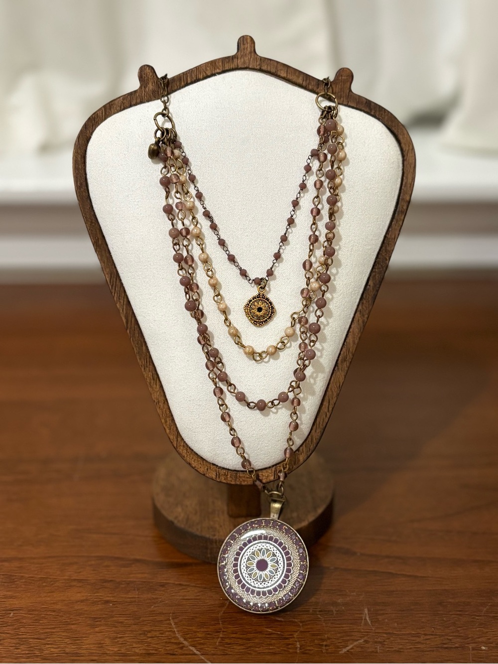 Multistrand Boho Pendant Necklace in Mauve and Cream